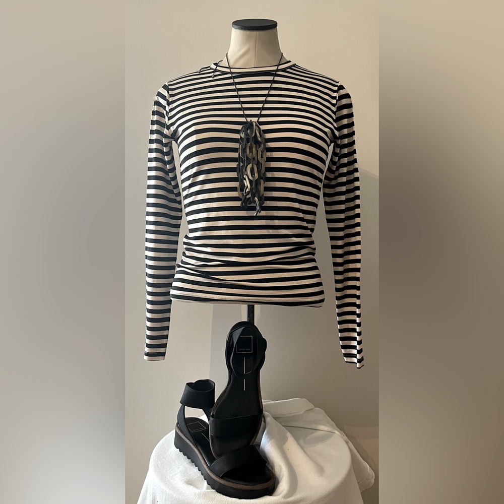 Lauren Ralph Lauren, Size L, Black and off white striped, long sleeved shirt.